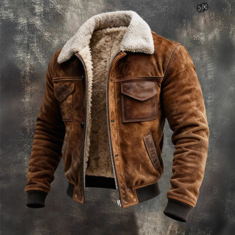 Mens Retro Multi-Pocket Fleece-Lined Versatile Outdoor Jacket